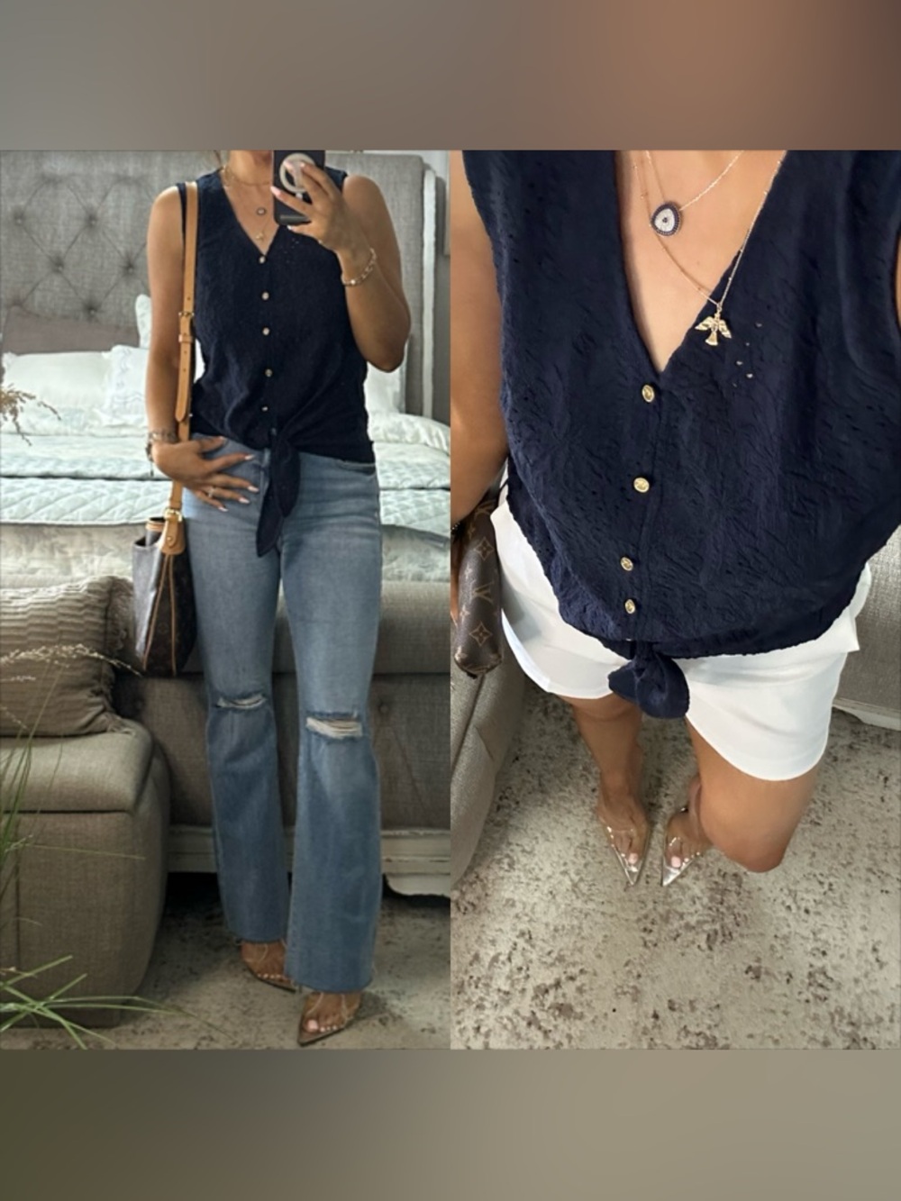 New✨ Chic Navy Tie Front Button Detail Sleeveless Top